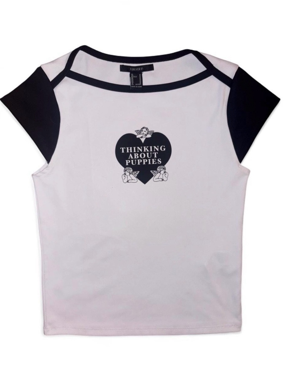 Forever 21 Women’s White and Black 'Thinking About Puppies' Graphic Tee